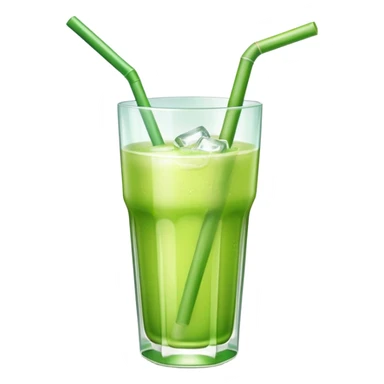 Glass of fresh sugarcane juice with ice cubes, light green liquid, a straw, refreshing beverage sticker