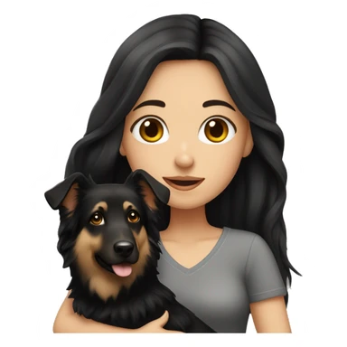 A white girl with long black hair holding a German Shepherd sticker