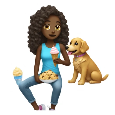 A girl with a golden retriever eating ice cream she has curly hair her skin is black sticker