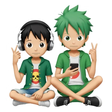 Green Luffy and green Alastor listening to music together sticker