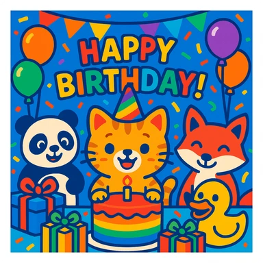 vibrant-toon style birthday party scene with a rainbow color theme including rainbow balloons, multicolored decorations, confetti, a large rainbow birthday cake, gifts, and a festive atmosphere. Main character is a ginger tabby kitten wearing a birthday hat, surrounded by a panda, fox, and duck also celebrating. Prominent 'Happy Birthday!' message included in the scene. sticker