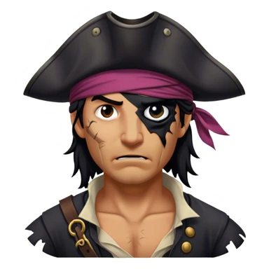 A battle-worn pirate with tangled black hair, a torn eye patch, and a deep scar running down his cheek sticker