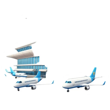 A 3D cartoon airport terminal building with glass windows and airplanes nearby, clean lighting, Memoji-style rendering. sticker