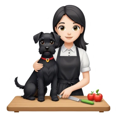 pale smiling girl with long back hair wearing black long shirt wearing apron holding black  schnauzer sticker