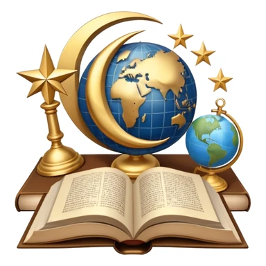 An icon featuring a sacred book, a cross, a crescent moon, and a star, symbolizing the study of religions. The design includes diverse religious symbols and a globe, representing global beliefs and spiritual practices. Transparent background highlights the exploration of faiths and traditions. sticker