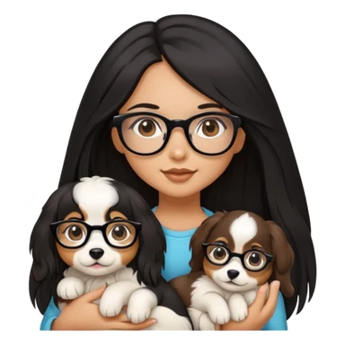 A beautiful girl with long black hair and glasses is holding a long-haired white and brown puppy sticker