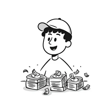 white man with a white cap playing with money, hand drawn doodle style sticker