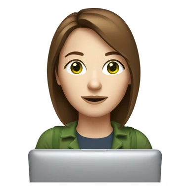 Web designer carrying a pc in her hands. white woman with medium-length brown hair, green eyes and freckles on her nose. sticker