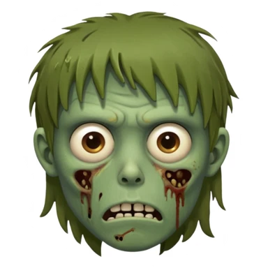 zombie slim youthful face, messy brown fringe, muted green skin tone, tired heavy-lidded eyes with visible under-eye darkness, a neutral slightly bored expression, and an overall low-energy, sleep-deprived, mentally fried vibe, sticker