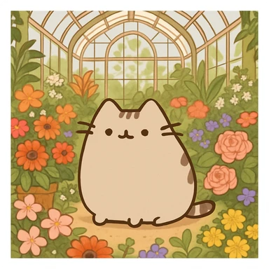 beige pusheen kitten in a botanical garden greenhouse filled with flowers sticker