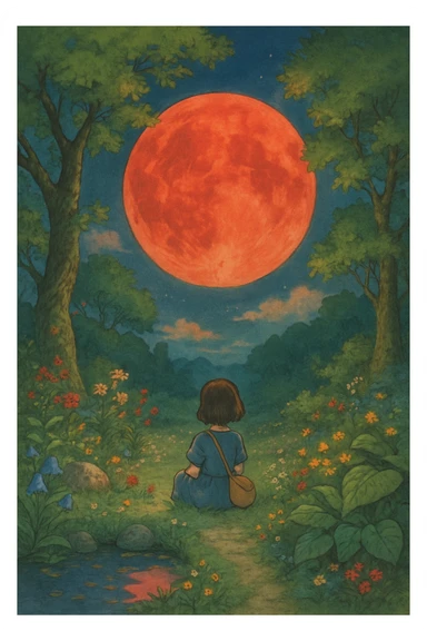 red moon, detailed, beautiful ghibli style illustration sticker