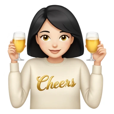 A woman with longer black hair, light to medium skin tone, full cheeks, and almond-shaped eyes, wearing a simple white sweater with the word 'cheers' in gold script, joyful and radiant expression, cheerful, emoji style, just her torso. sticker