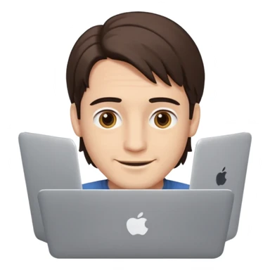 A man in his mid 20s, middle part average dude with slightly droopy eyes, happy, using a MacBook, hero for an iOS developers website sticker