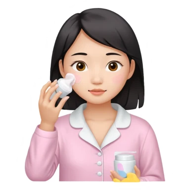 angelic asian girl doing skin care in baby pink pajamas, applying cream to her face sticker