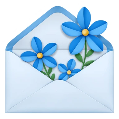An opened white envelope that has blue 3d flowers coming out of it sticker