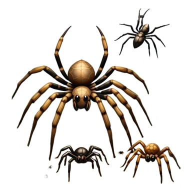 Collage of various spiders, including tarantulas and other exotic species, inside a  terrarium with webs and natural décor. Close-up shots of their intricate legs, eyes, and fuzzy bodies. Soft lighting, transparent background. sticker