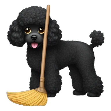 Black poodle holding a broom sticker