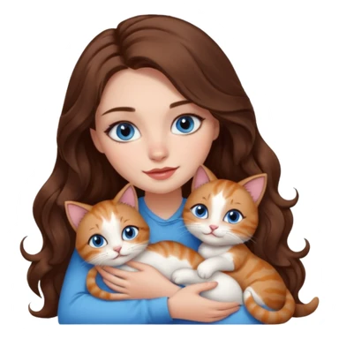 girl with long wavy brown hair, blue eyes, long lashes makeup, cuddling with 6 cute cats sticker