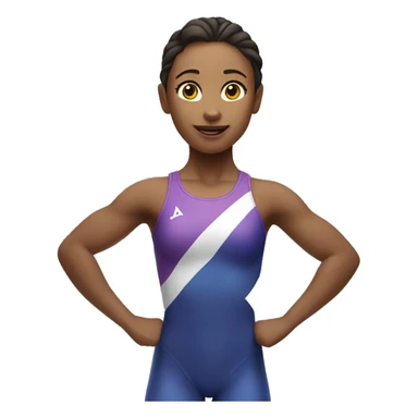 a female gymnast introducing the first place podium, full body, two arms pointing to the center place sticker