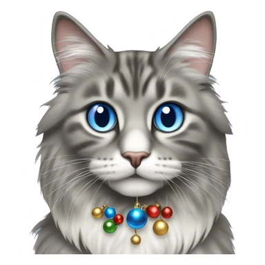Grey Norwegian forest cat with blue eyes with  jingle bells on his collar sticker