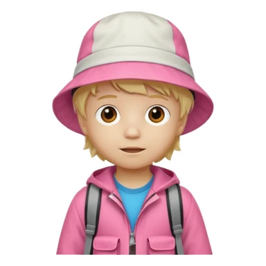 A little boy student white skin, blonde hair, with white bucket hat, orange jacket, pink backpack sticker