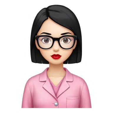 Mujer con cabello largo color negro lacio los ojos son de color negro y tiene lentes cuadrados color negros los labios son color rojo fuerte usa pijama de veterinaria color rosado  sticker