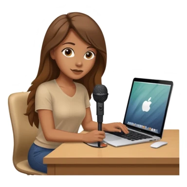 tanned brown long hair woman, sat at desk with MacBook, podcast microphone bleige top and vine color, sexy, glass table sticker