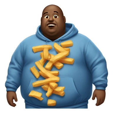 fat man in dirty blue sweatsuit with chili cheese fries in his mouth sticker