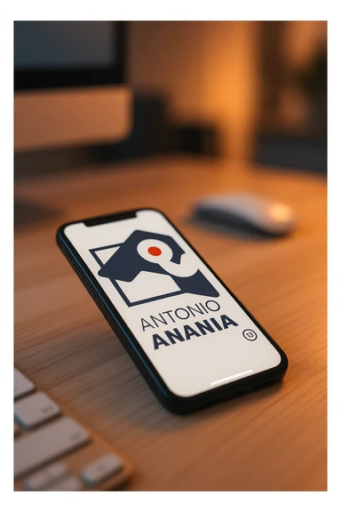 A photo of an iPhone on the desk with the logo of "Antonio Anania" on its screen, The phone sits atop a desk with a blurred with the logo in the background that suggests work environment. A faint glow from above casts gentle shadows across the surface of each object, creating depth and highlighting their textures sticker