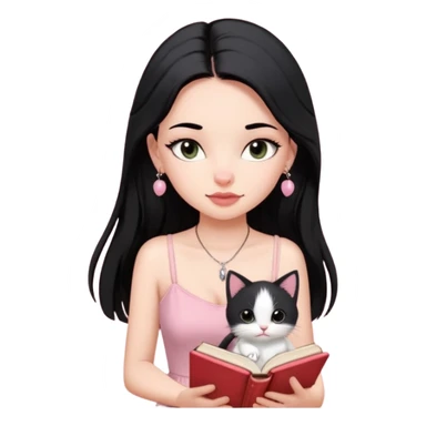 Menina branca ,cabelos cor preta longos, olhos cor preta puxados para cima. Cílios longos, lábios grossos ,nariz pequeno ,vestido rosa claro de alça. Colar e brinco bem pequeno. Lendo um livro com gatinho preto e branco. sticker