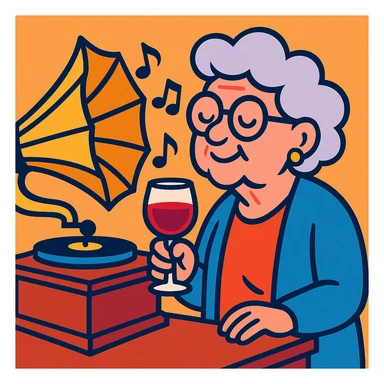 old lady with wineglass listening to gramophone sticker