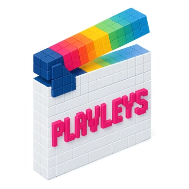 voxel style movie clapperboard, white body, colorful lid, pink text 'PLAVLEYS', isometric view sticker