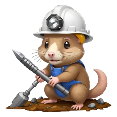 a mole rat with ore drill bit, white helmet, headlamp sticker