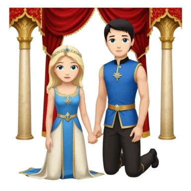 Man as king, black Hair, blue eyes, woman, blonde, green eyes, shott white sleveless Dress, kneeling, background palace sticker