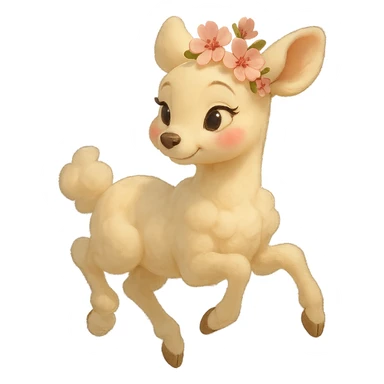 feminine vanilla cloud doe, floating gracefully with rosy cheeks and cherry flowers on its head, Pixar-inspired art sticker