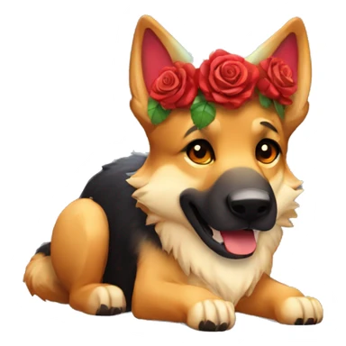 Brindled German shepherd fox carrying glowing red lantern, fairy lights, rose flower crown sticker