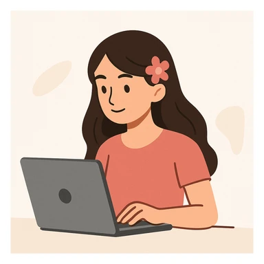 a girl with brunette hair and a pink flower clip in her hair working on a laptop, clean modern illustration style sticker