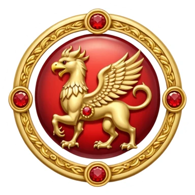 Golden griffin crest / brosch in a circle with red gems and no background sticker