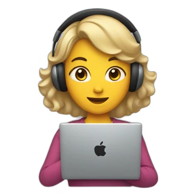 a woman with a laptop and apple headphones sticker