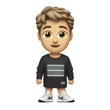 A very little tanned white boy with brown hair is very important that he has brown hair, short and a little wavy, with New Balance 1906R Grey, white Nike socks, a black Nike running jogging and a black Under Armour t-shirt. sticker