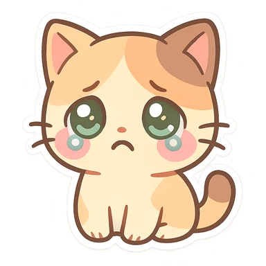 kawaii chibi-style cat emoji with pastel orange and brown cream fur, anime-style sad expression, sparkly green eyes, blushing cheeks, pastel color palette, soft rounded design, vector art sticker