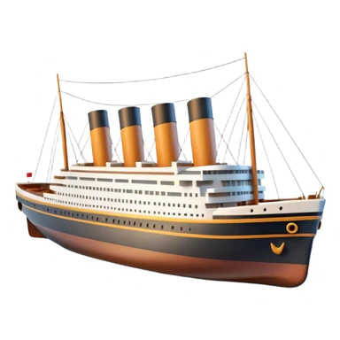 A 3D emoji of a Titanic ship in Apple style, glossy and smooth surface, bright clean colors with subtle shading, simple and minimal details, no face or expressions, floating on calm ocean, soft shadows, high-quality render, isolated on white background.


 sticker