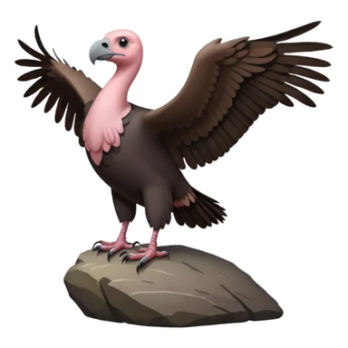 a vulture — large bird with dark brown feathers, bald pinkish head, curved beak and sharp eyes — standing proudly on a rock — wings slightly open — realistic yet cute cartoon emoji look, clean lighting, soft shadows. sticker
