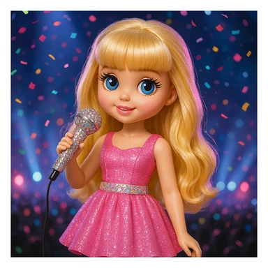 Pretty and girly Blonde pop star with bangs, holding a bedazzled microphone, reimagined as a doll, with a nighttime concert backdrop with colorful confetti sticker