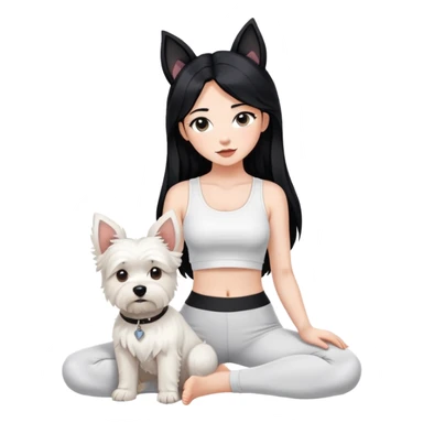 A girl with long black hair in a white crop top and black legging,she is holding a west highland terrier with big ears  sticker