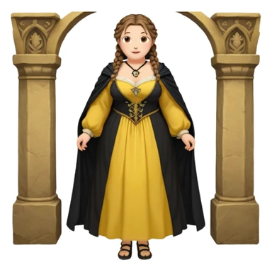 Helga Hufflepuff,brown-haired,2 braids,yellow-black medieval open dress,deep neckline,fat macromastia,black cloak decorated with gold braiding,gold cup with two handles,very kind smile,curvy busty sweet woman,round rosy cheeks,full length with medieval shoes sticker