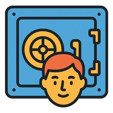 face fronting bank vault, color icon style, metallic vault door with handle, vibrant, trustworthy sticker