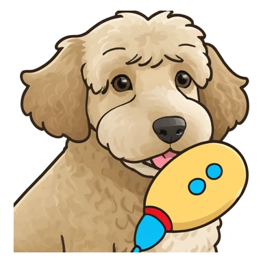 Goldendoodle with a lamb toy sticker