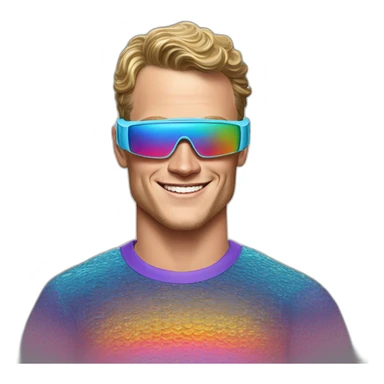 Fancy disco futuristic Jonathan Toews wearing rainbow lace shirt and wearing VR glasses and eating a moon pie sticker