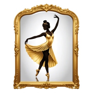 Cinematic Realistic Mirror, a large, ornate mirror reflecting a dancer’s poised silhouette, soft golden light creating depth, slight smudges on the glass adding realism, glowing with a timeless and artistic presence. sticker